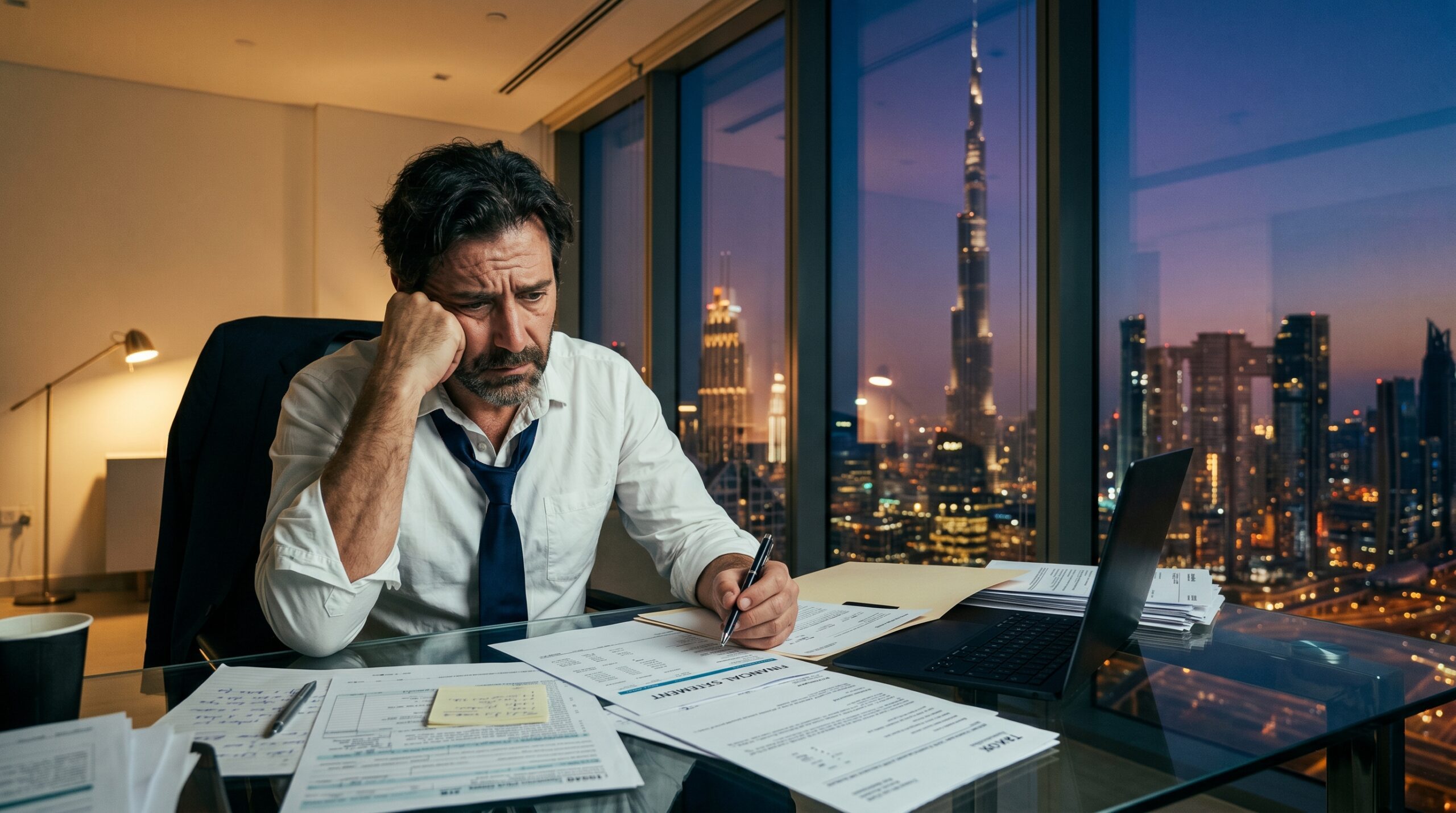 Inversor español revisando documentos fiscales con skyline de Dubai al fondo