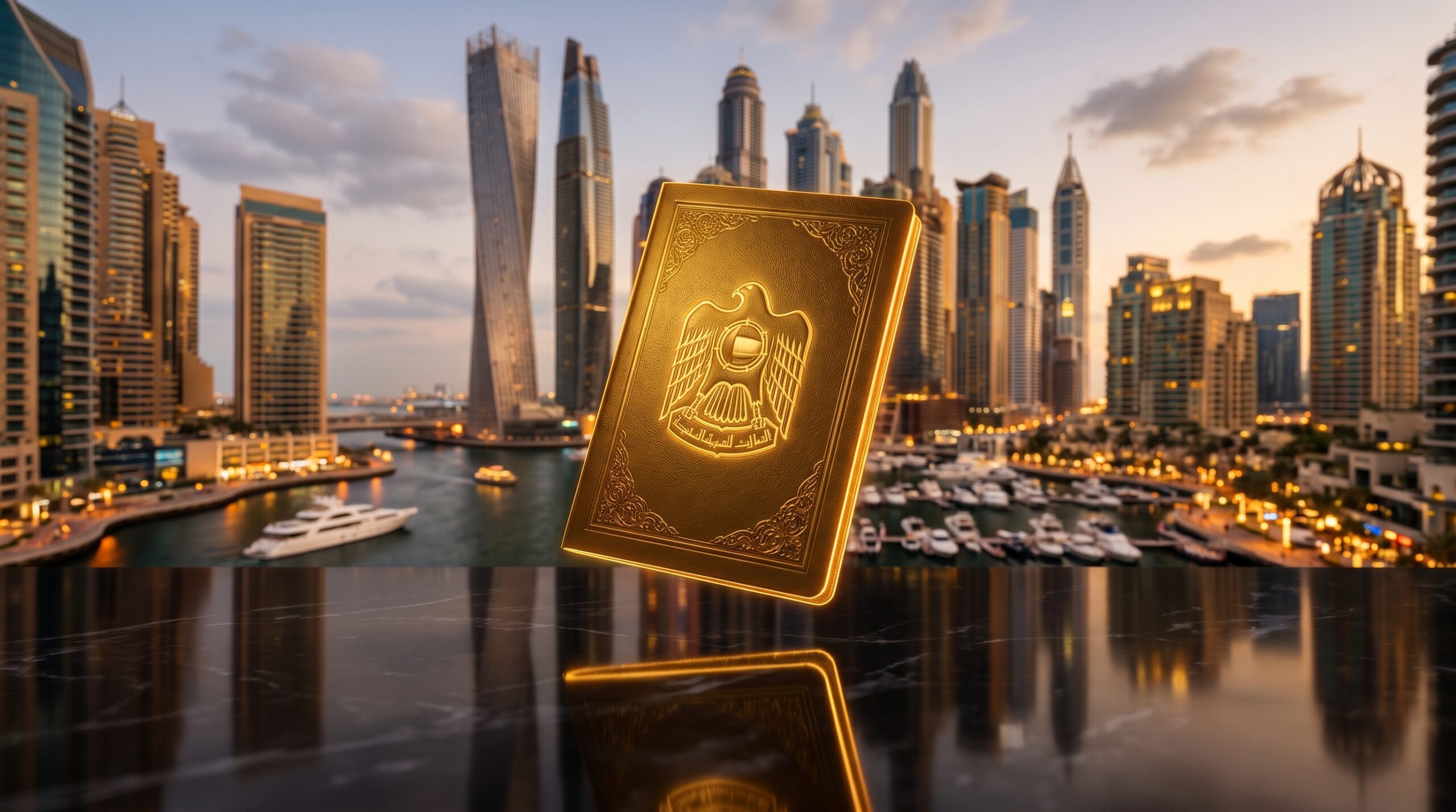 Documento dorado Golden Visa Dubai con skyline de Dubai Marina al atardecer