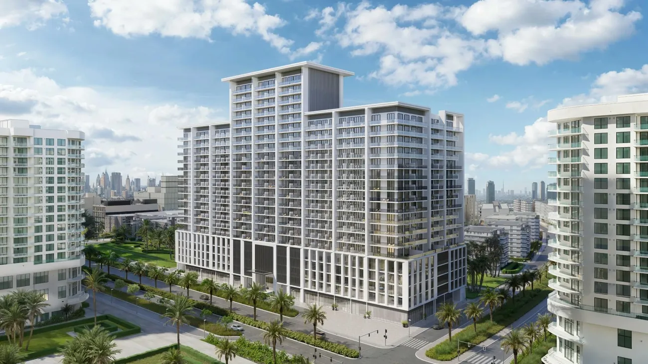Render exterior de AmberHall en JVC, Dubái